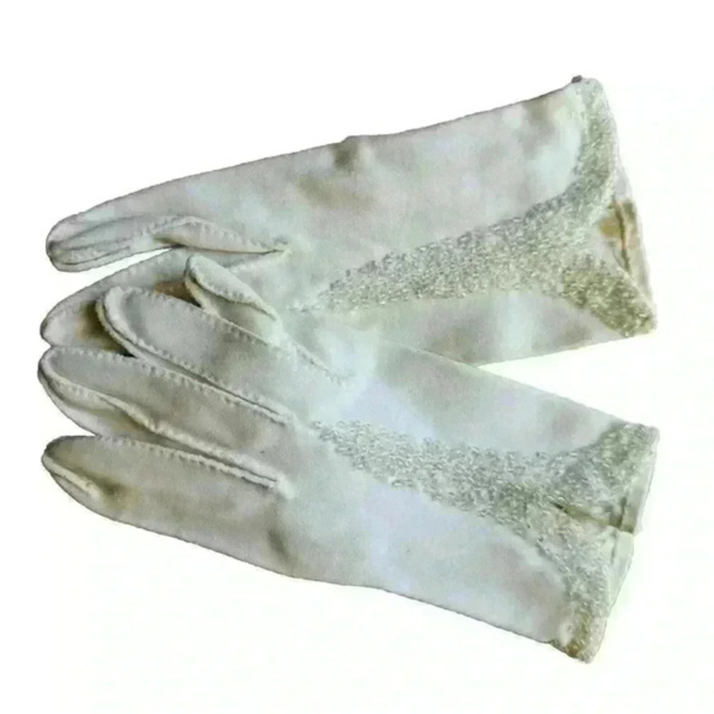 Vintage Womens White Cotton Gloves W/ Beads Hand Stitched Size Small - Picture 4 of 4